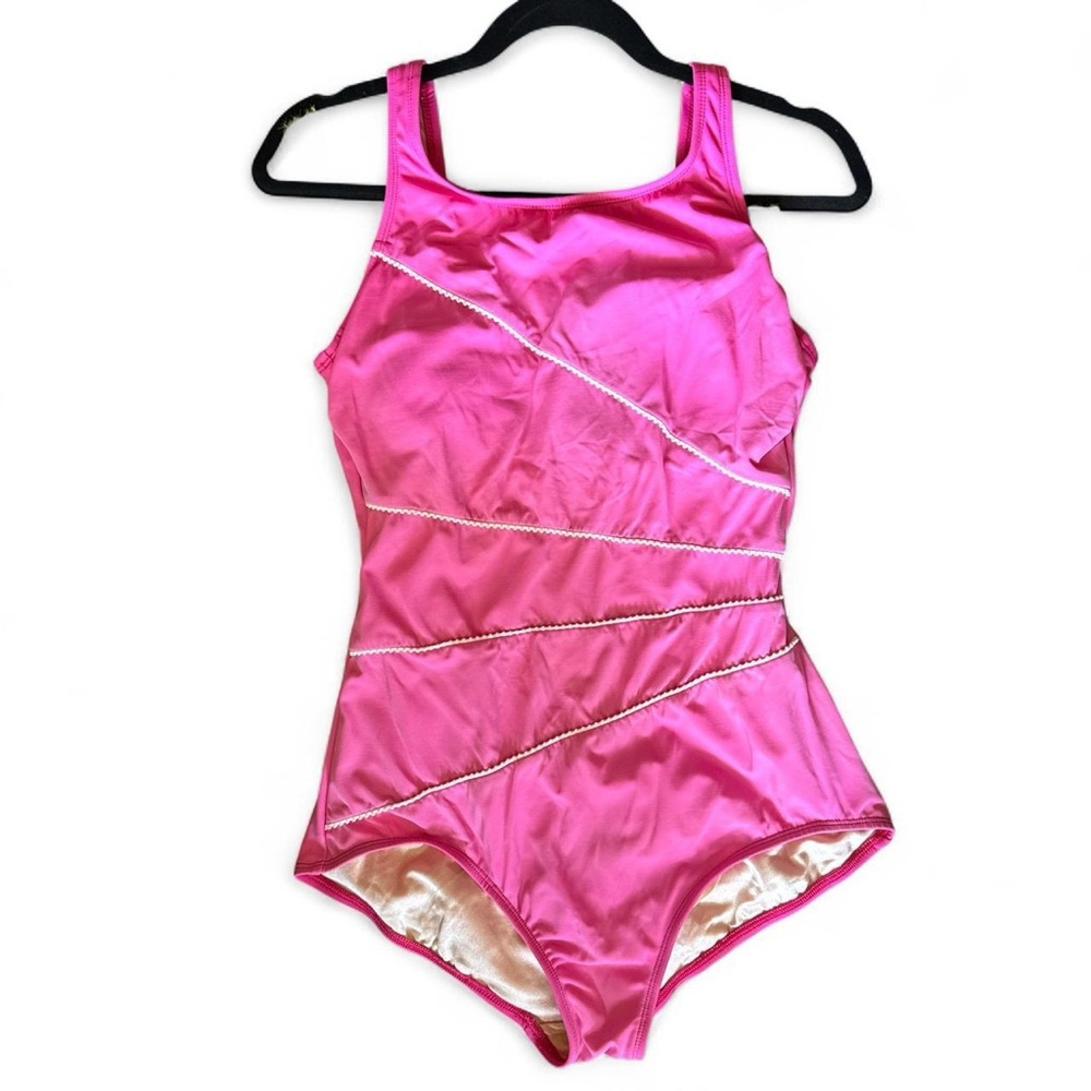 Vintage Pink One-Piece Swimsuit with White Trim